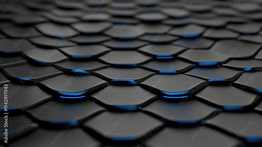 Poster abstract black hexagonal tiles with glowing blue edges. 3d futuristic geometric background for desig