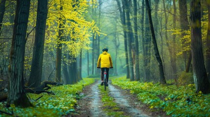Bicycle On Path. Cycling in Forest Park: Rear View of Man, Healthy Lifestyle and Outdoor Adventure