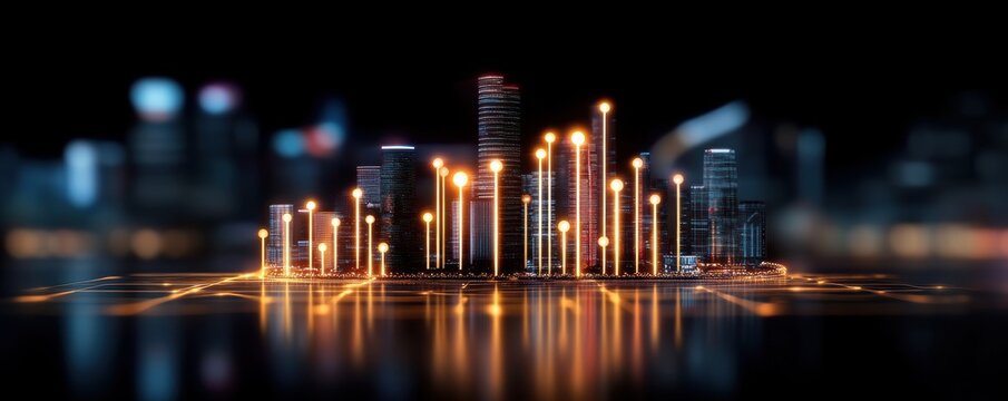 Futuristic digital city skyline with glowing light points and technology grid.
