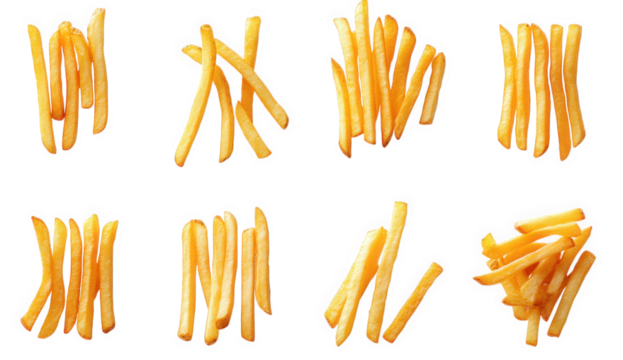 a collection of eight different arrangements of golden brown french fries isolated on a transparent background the fries are arranged in various ways. showcasing their crispy texture and delicious app