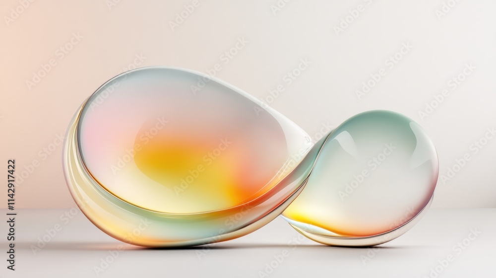 Poster abstract glass shapes with smooth color gradients on neutral background.
