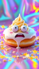 Obraz premium Cute Donut with Whipped Cream on Iridescent Background