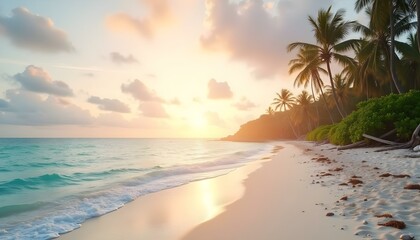 Palm Lined Beach Tropical Paradise Sunset Sky Over the Ocean Island Sand