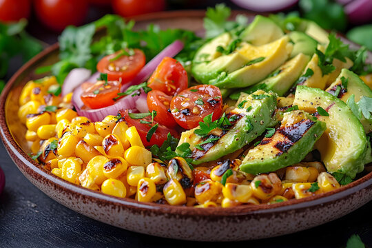 Grilled avocado and corn salad with cherry tomatoes, red onions, and fresh herbs served in a rustic bowl. Close-up
