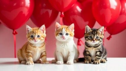 three kittens sitting on white table with many red heart-shaped balloons in the background concept of love, Valentine's Day, pet care