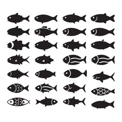 Marlin sea fish silhouette, marlin fish in different poses, sword fish, vector illustration. Sea life Fish Silhouettes