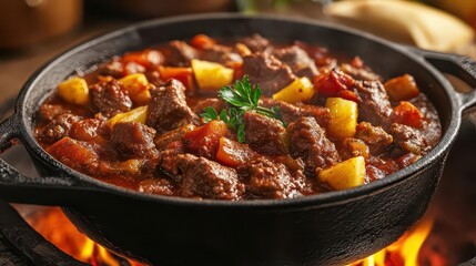 Fototapeta premium rustic hungarian goulash simmering in a cast iron pot over open flames, capturing the essence of traditional campfire cooking with rich colors and inviting aromas