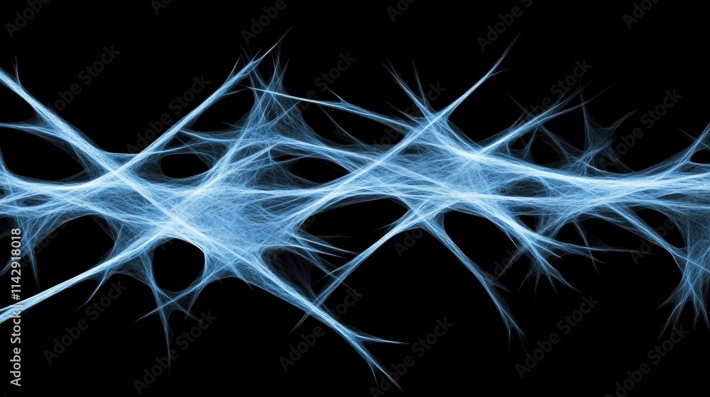 Poster abstract glowing blue network of interconnected lines on black background. fractal structure concept