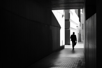 A person walking down a long corridor in a building, suitable for use in interior design, architecture or real estate photography