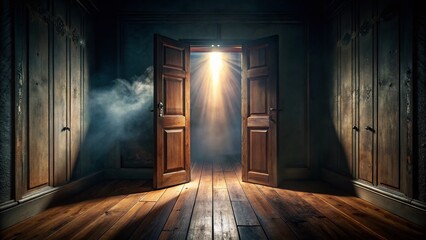 Obraz premium Spooky Horror Hallway Door - Dark Mysterious Wooden Entrance - Vertical Dramatic Photo