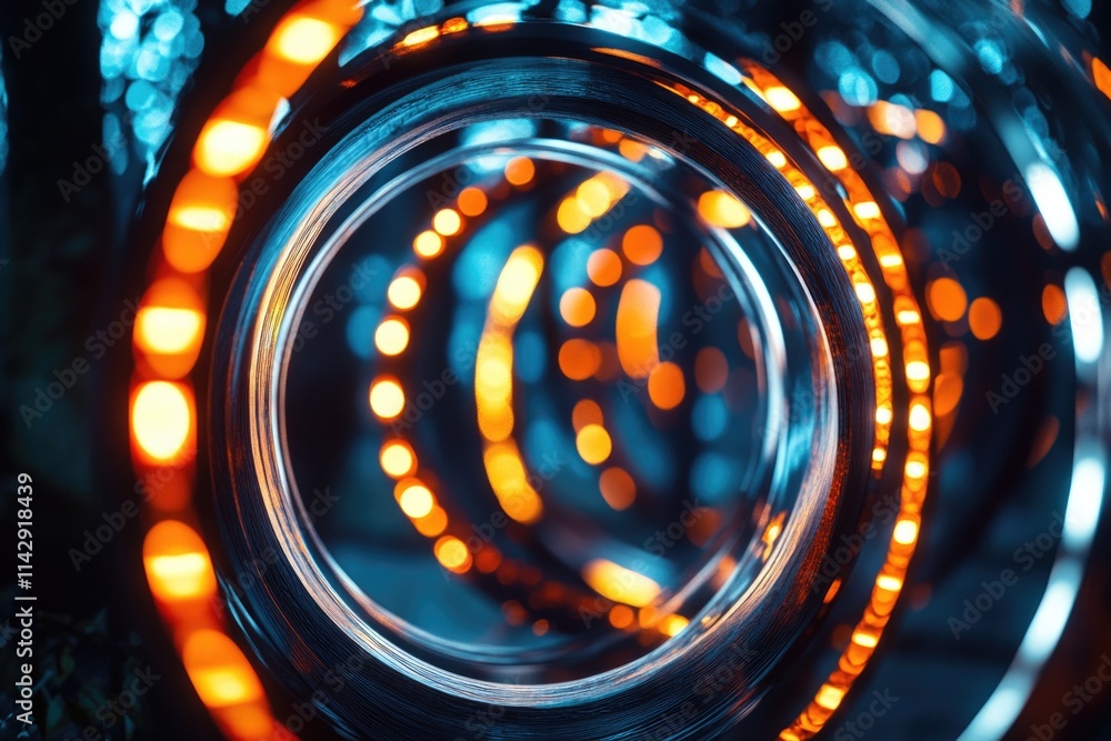 Poster a close-up shot of a circular object with lights in the background, ideal for use in designs or illu