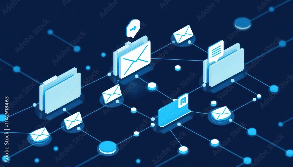 Poster digital data network structure in modern tech design. networked folders, messages form interconnecte