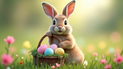  fluffy rabbit sitting outdoors next to colorful Easter eggs concept of Easter celebration, pet rabbits, spring festivities