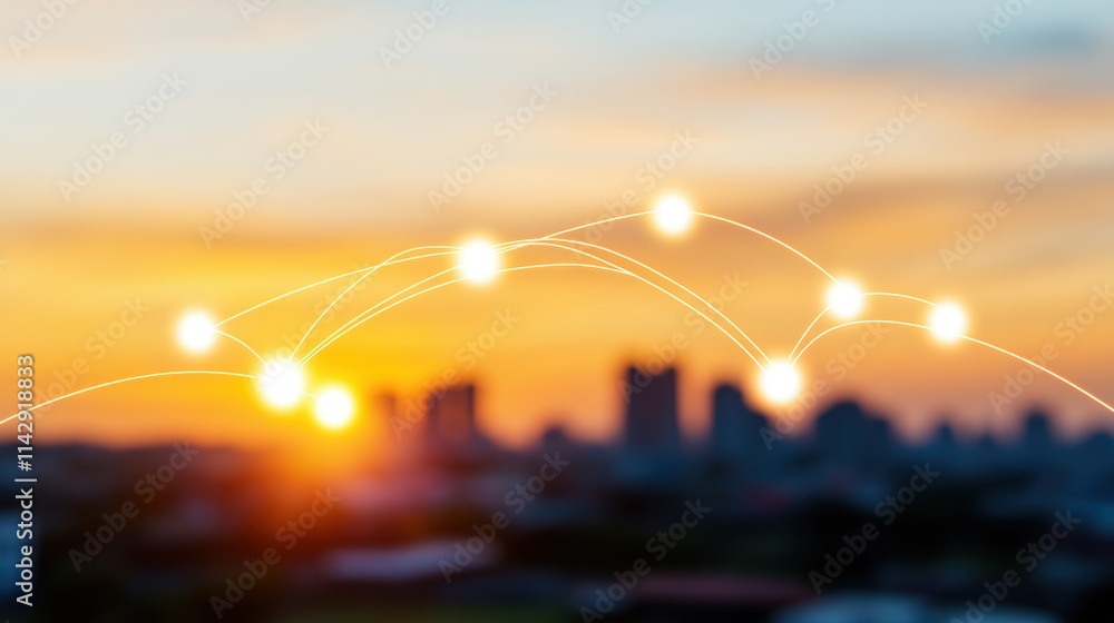 Poster digital network connection concept with glowing lines and nodes over blurred city skyline at sunset
