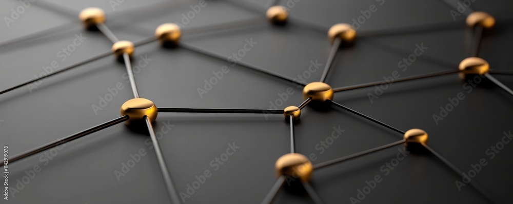 Aufkleber abstract 3d network structure with gold metallic nodes and black connections on dark background.