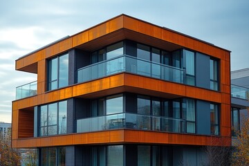 Obraz premium A modern office building with many windows and a unique orange color