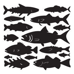 Marlin sea fish silhouette, marlin fish in different poses, sword fish, vector illustration. Sea life Fish Silhouettes