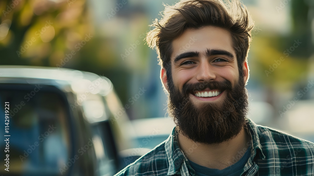 Poster a man with a beard is smiling in front of a car -