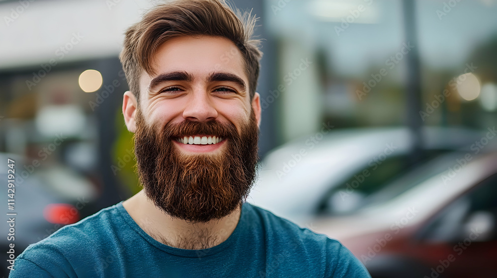 Poster a man with a beard is smiling in front of a car -