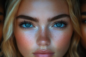 Fototapeta premium A close-up portrait of a woman with distinctive freckles on her face