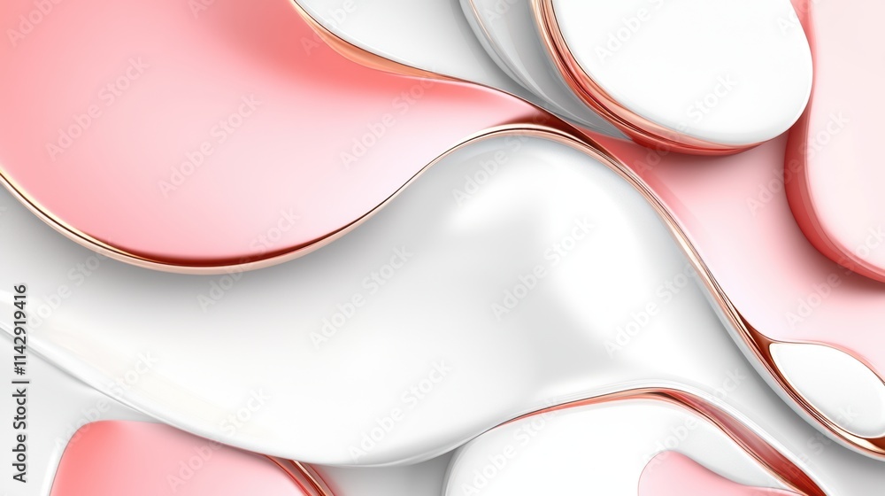 Aufkleber abstract pink and white fluid shapes with gold borders. 3d rendering of glossy liquid forms