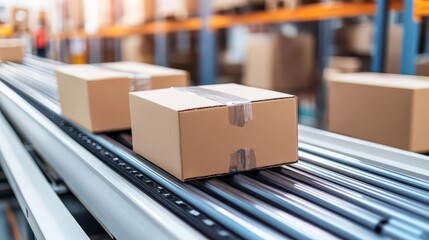seamless flow of cardboard boxes moving along a conveyor belt in a contemporary warehouse, symbolizing the automation and efficiency of modern e-commerce and distribution systems