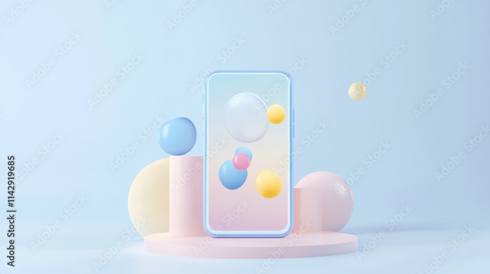 Poster abstract smartphone surrounded by colorful 3d spheres on geometric shapes. minimalist product displa