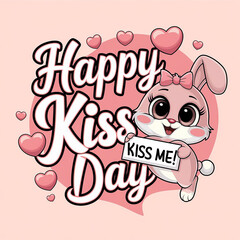 A cute, pink bunny with big, expressive eyes and floppy ears is holding a sign with the text "Kiss me!". The bunny is wearing a pink bow around its neck. The background is a soft, pastel pink.