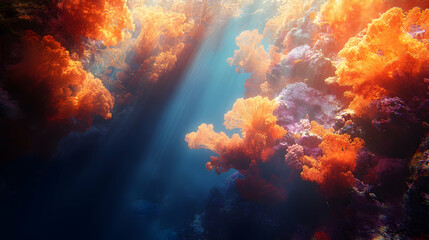 Fototapeta premium A mesmerizing underwater view of vibrant orange coral and diverse marine life illuminated by sun rays -
