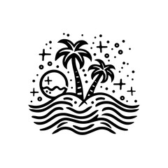 Line Art Tropical Beach Design Stock Illustration Featuring Palm Trees, Ocean Waves, and a Relaxing Coastal Scene