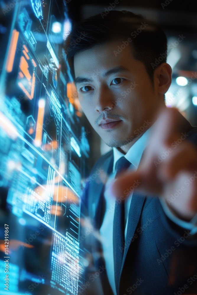 Poster a businessman pointing at a computer screen with a serious expression, possibly discussing or presen