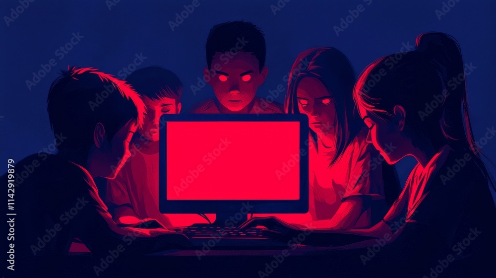 Poster a group of children huddles around a glowing computer screen, their faces illuminated with a red hue