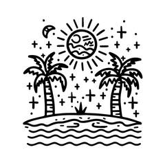 Line Art Tropical Beach Design Stock Illustration Featuring Palm Trees, Ocean Waves, and a Relaxing Coastal Scene