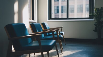Three blue armchairs in a sunlit waiting room.