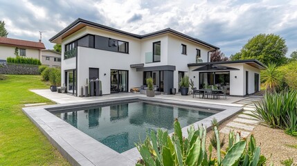 Fototapeta premium Modern luxury villa with swimming pool surrounded by greenery in a serene environment, showcasing contemporary architecture and stylish outdoor living spaces.