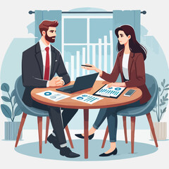 Partners meeting for business discussion with documents and laptop on desk. Couple at round table, speaking, discussing work, partnership. Flat vector on a white background