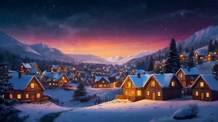 A vibrant, artistic depiction of a cozy winter village with glowing windows, snow-covered rooftops, and festive decorations under a starry sky,Generative Ai
