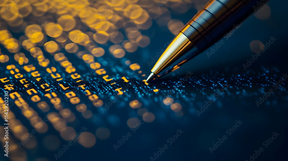 Poster a pen writing code on a computer screen, a data technology concept with a blue background. a close-u