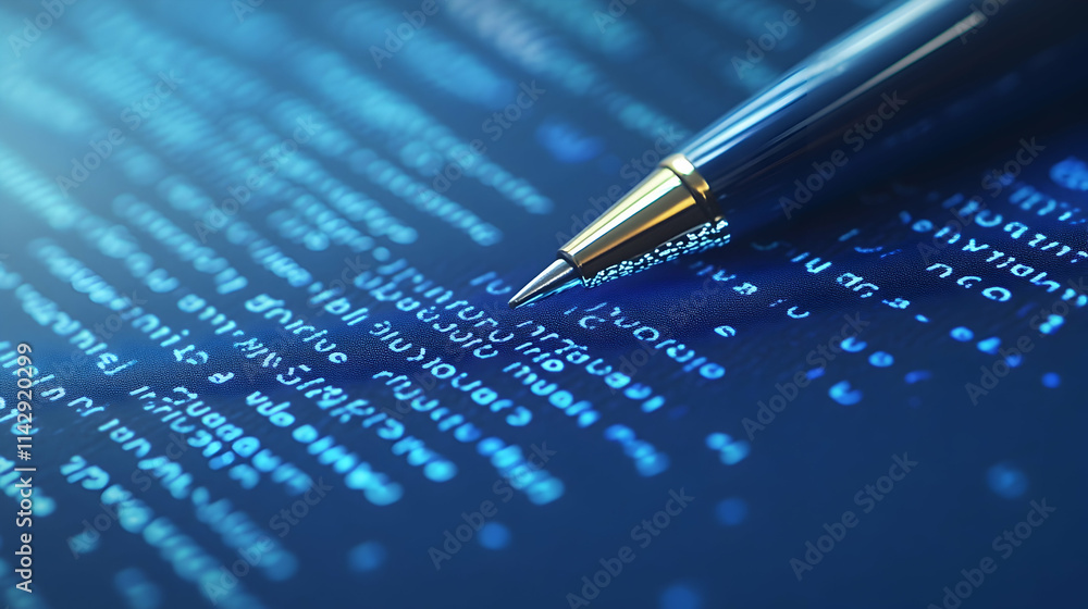 Poster a pen writing code on a computer screen, a data technology concept with a blue background. a close-u