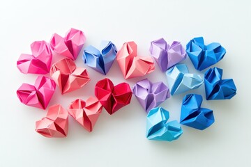 A Colorful Array of Handmade Paper Hearts in Various Colors Arranged Creatively on a White Background for Holiday Celebrations and Craft Projects