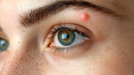 Obraz premium close up of young woman face with mild acne on her forehead