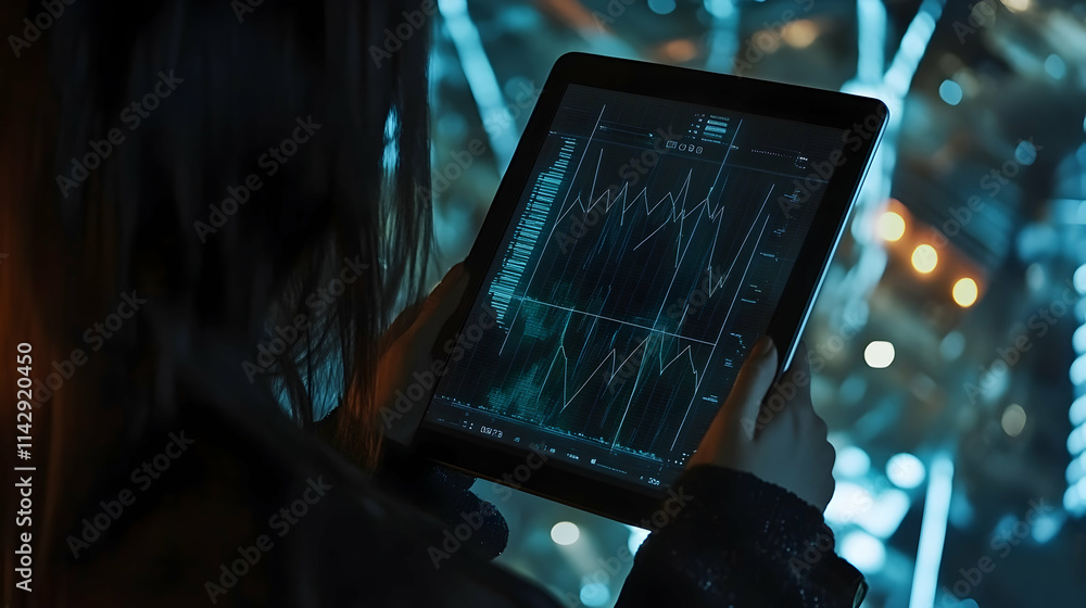 Poster a person is holding a tablet with a graph on it. the graph shows a series of numbers and lines, and 