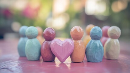 Pastel wooden figurines encircle a pink heart on a pink surface.