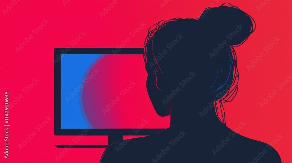 Poster a silhouette of a woman seated in front of a computer screen, set against a vibrant red background w