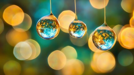 Fototapeta premium Delicate Water Droplets Suspended on Strings with Colorful Bokeh Background Creating a Stunning Visual Effect of Light and Reflection