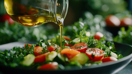 Pouring Olive Oil Over Fresh Salad