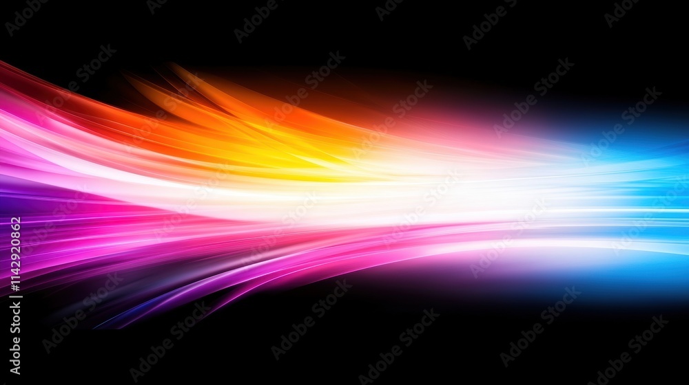 Poster colorful light streaks flowing horizontally on black background. vibrant gradient spectrum with moti