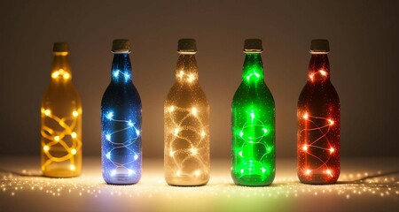 industrial sustainable and minimalist Christmas tree decoration style, used bottles with bokeh lights