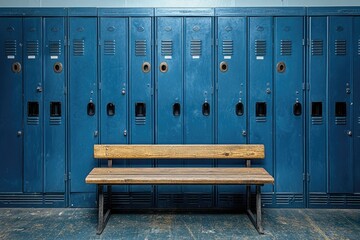 A wooden bench in front of a row of metal lockers, ideal for schools or gyms