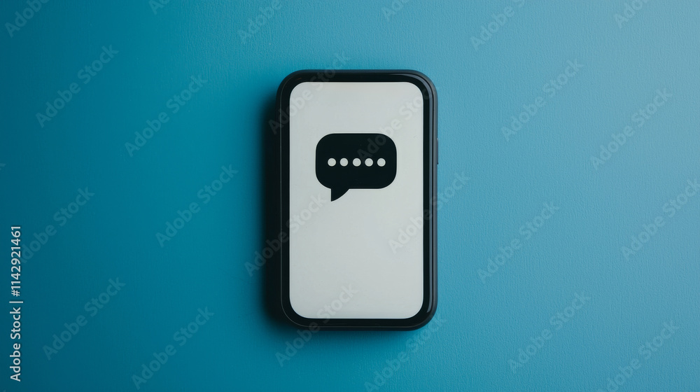 Poster a minimalistic smartphone interface featuring a message icon on a blue background, suggesting commun